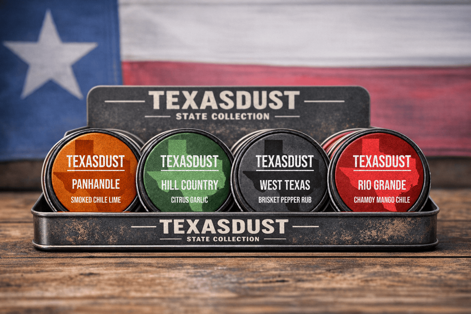Texas Dust State Collection — four tins in display tray with Texas flag